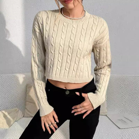 Women’s Pullover Sweater – Cable Knit Wool Blend – Cropped Slim Fit – Long Sleeve Casual