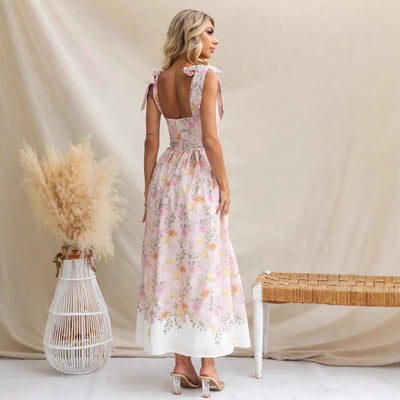 Women’s Midi Dress – Fit and Flare – Floral Print – Spaghetti Straps – Square Neckline