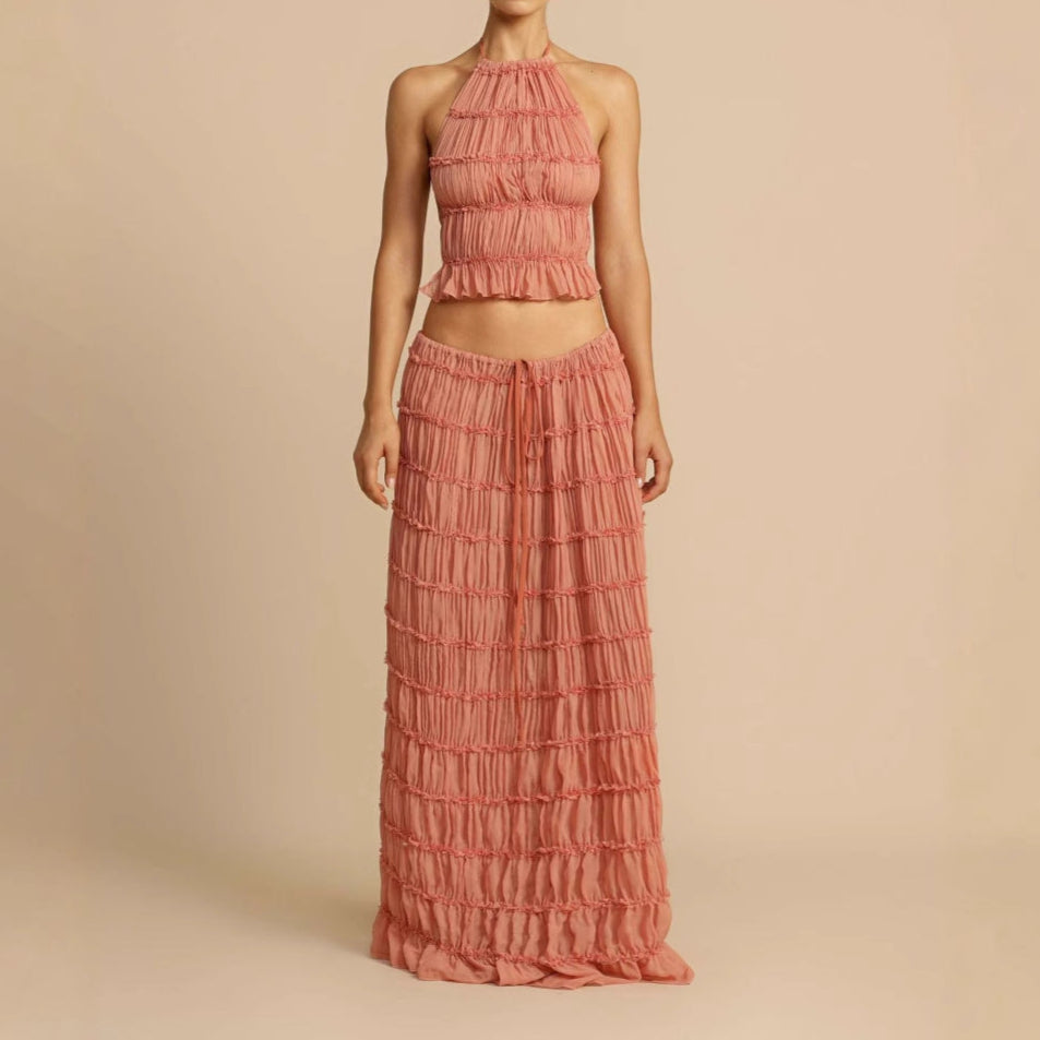Women’s Two-Piece Set – Ruched Halter Crop Top – Flowing Maxi Skirt – Breathable Blend