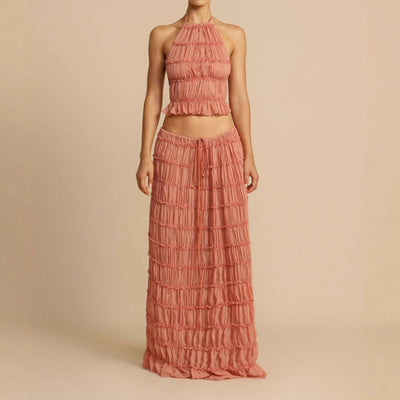 Women’s Two-Piece Set – Ruched Halter Crop Top – Flowing Maxi Skirt – Breathable Blend