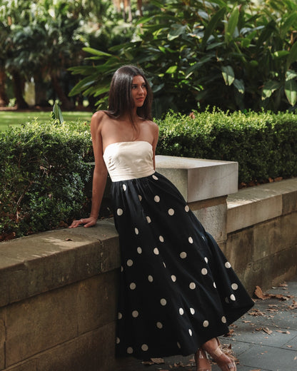 Women’s Maxi Dress – Strapless Wrap Bodice – Polka Dot – Cotton Blend A-Line Fit