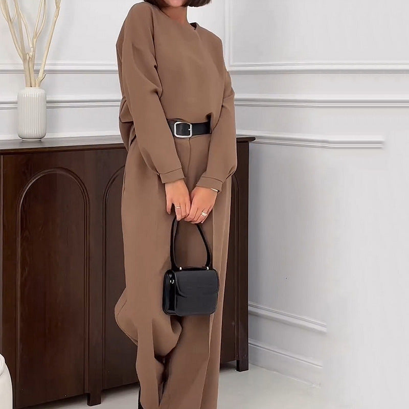 Women’s Two-Piece Set – Relaxed Fit – Long Sleeve Top – Wide-Leg Belted Trousers