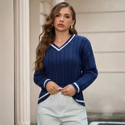 Women’s V-Neck Sweater – Relaxed Fit – Cable Knit – Ribbed Hem – Soft Textured Feel