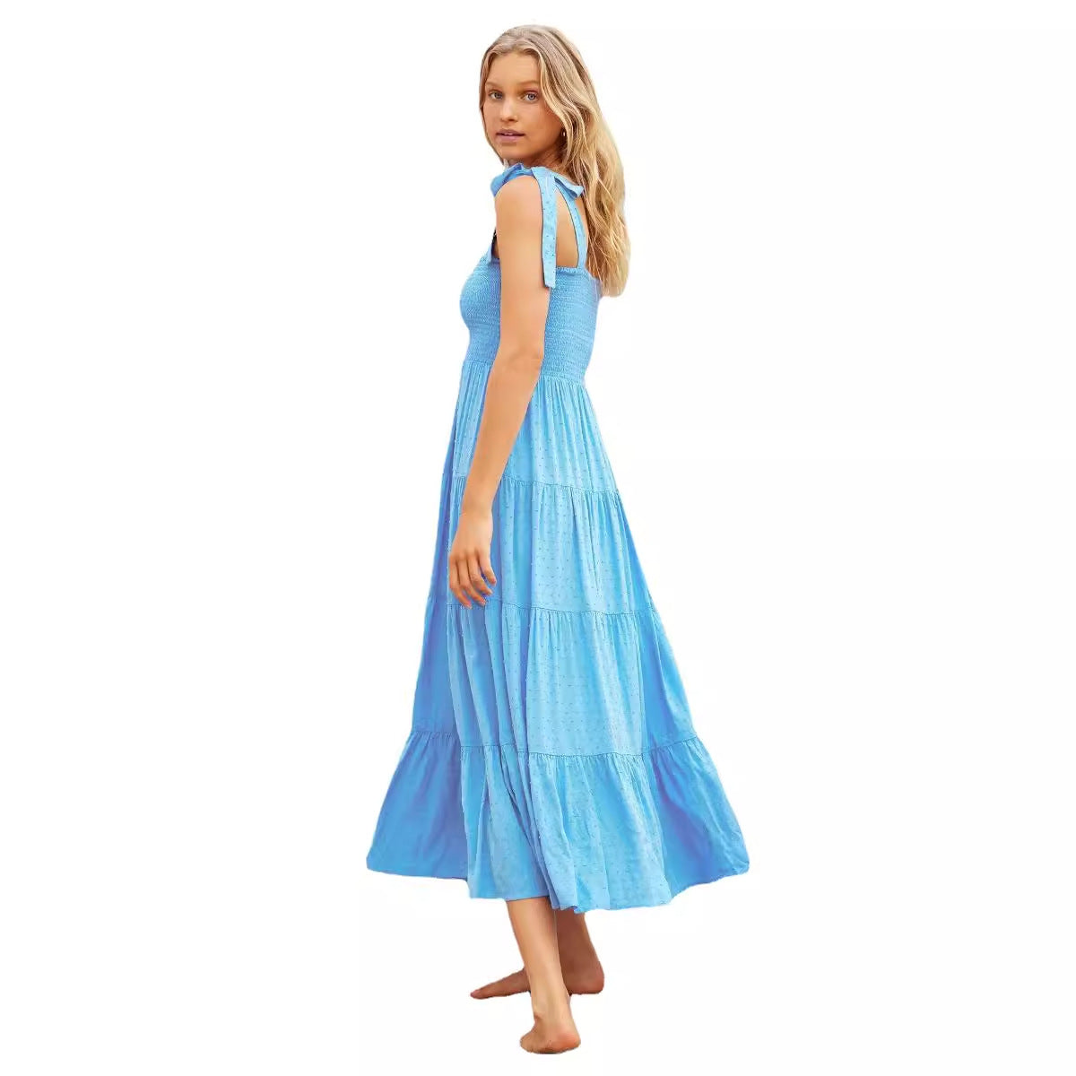 Women’s Midi Dress – Smocked Bodice – Adjustable Straps – Tiered A-Line Skirt