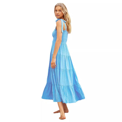Women’s Midi Dress – Smocked Bodice – Adjustable Straps – Tiered A-Line Skirt