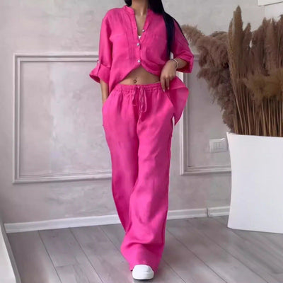 Women’s Shirt and Trousers Set – Linen Blend – Relaxed Fit – Wide Leg – Button Down Top