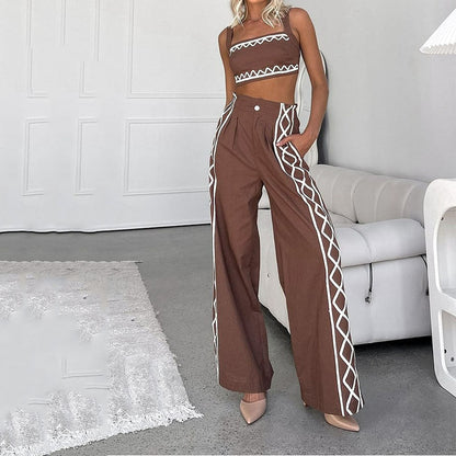 Women’s Two-Piece Set – Asymmetrical Crop Top – High-Waisted Wide-Leg Pleated Pants