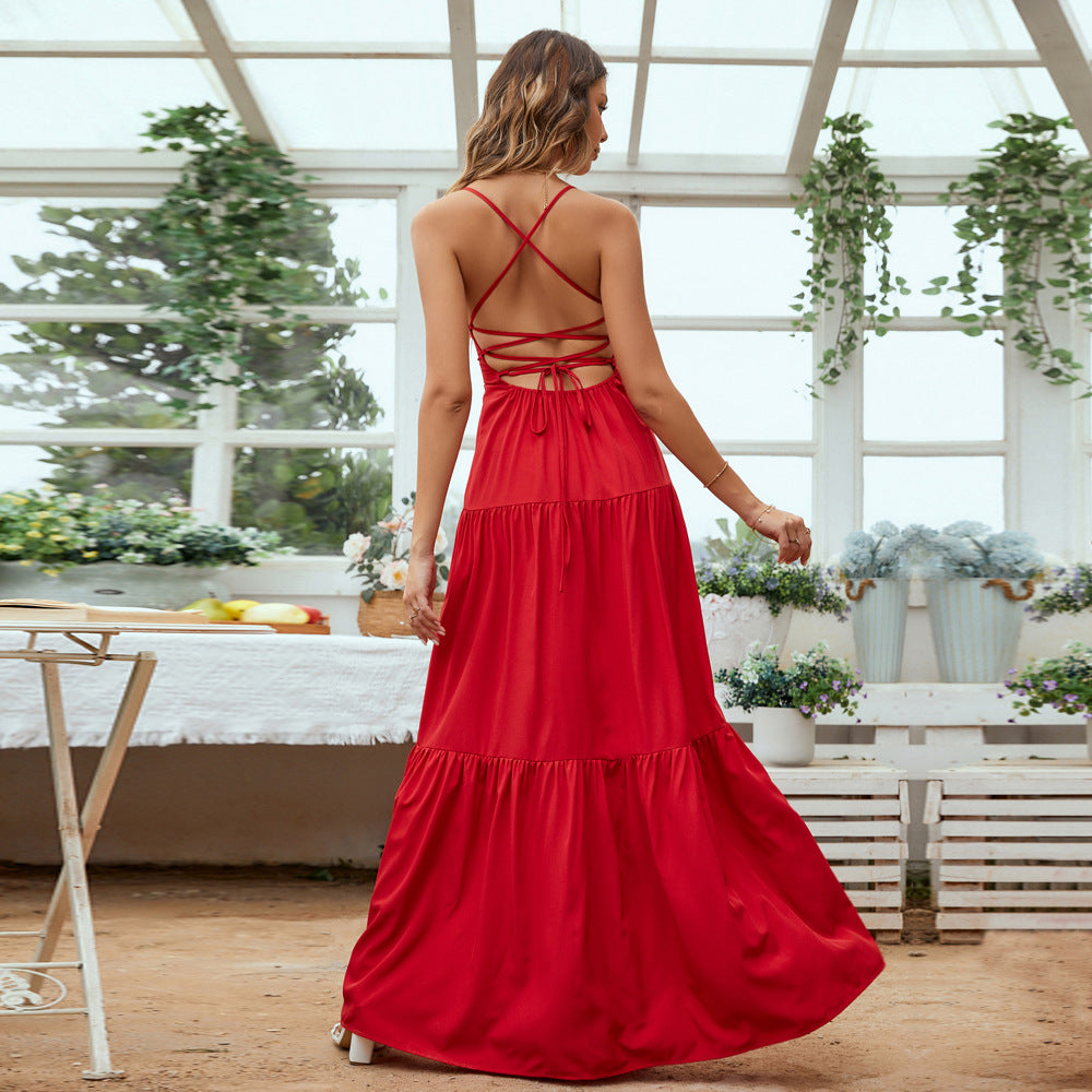 Women’s Evening Gown – Satin Feel – Backless – Tiered Skirt – Spaghetti Straps – Formal Fit