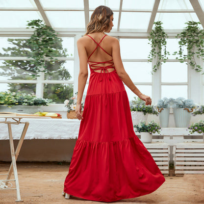 Women’s Evening Gown – Satin Feel – Backless – Tiered Skirt – Spaghetti Straps – Formal Fit
