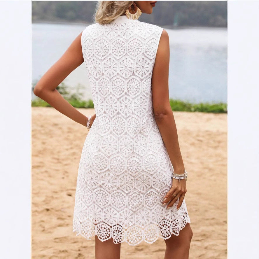 Women’s Mini Dress – Geometric Lace – Straight Fit – Sleeveless V-Neck Stylish Look