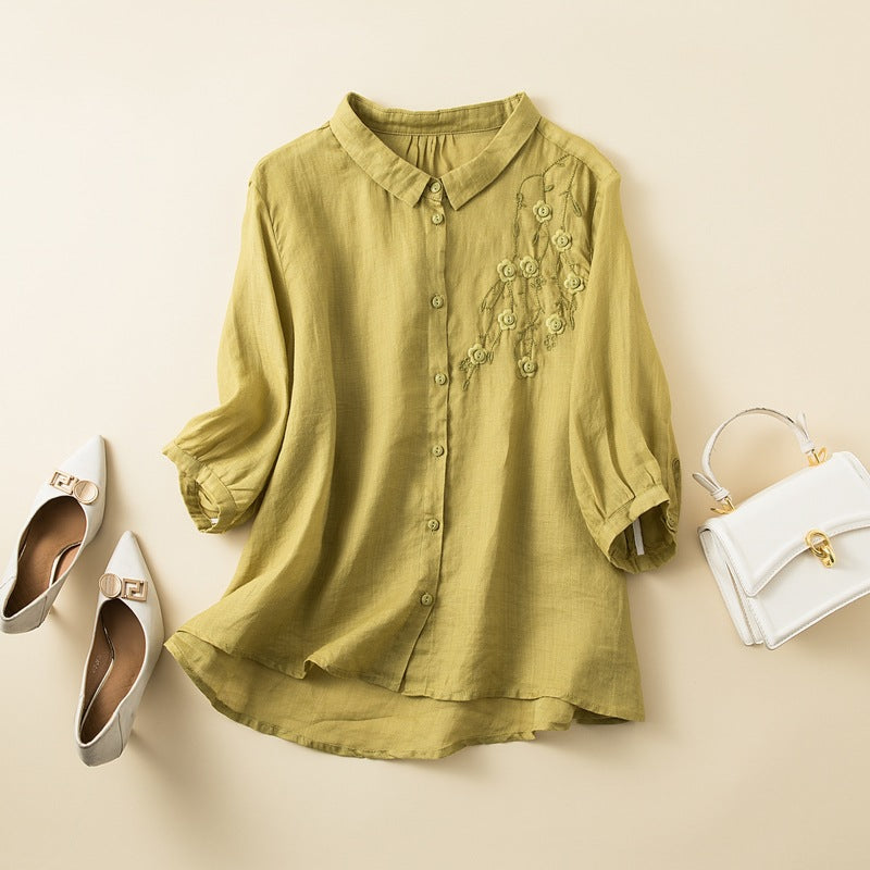 Women’s Button-Up Shirt – Relaxed Fit – Mid Sleeve – Embroidered – Breathable Blend