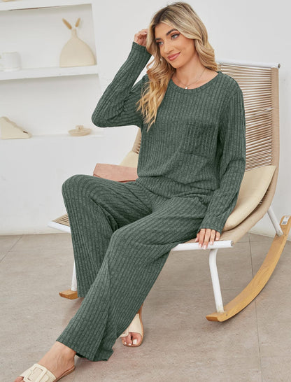 Women’s Lounge Set – Knit Ribbed Texture – Relaxed Fit – Long Sleeve Top & Trousers