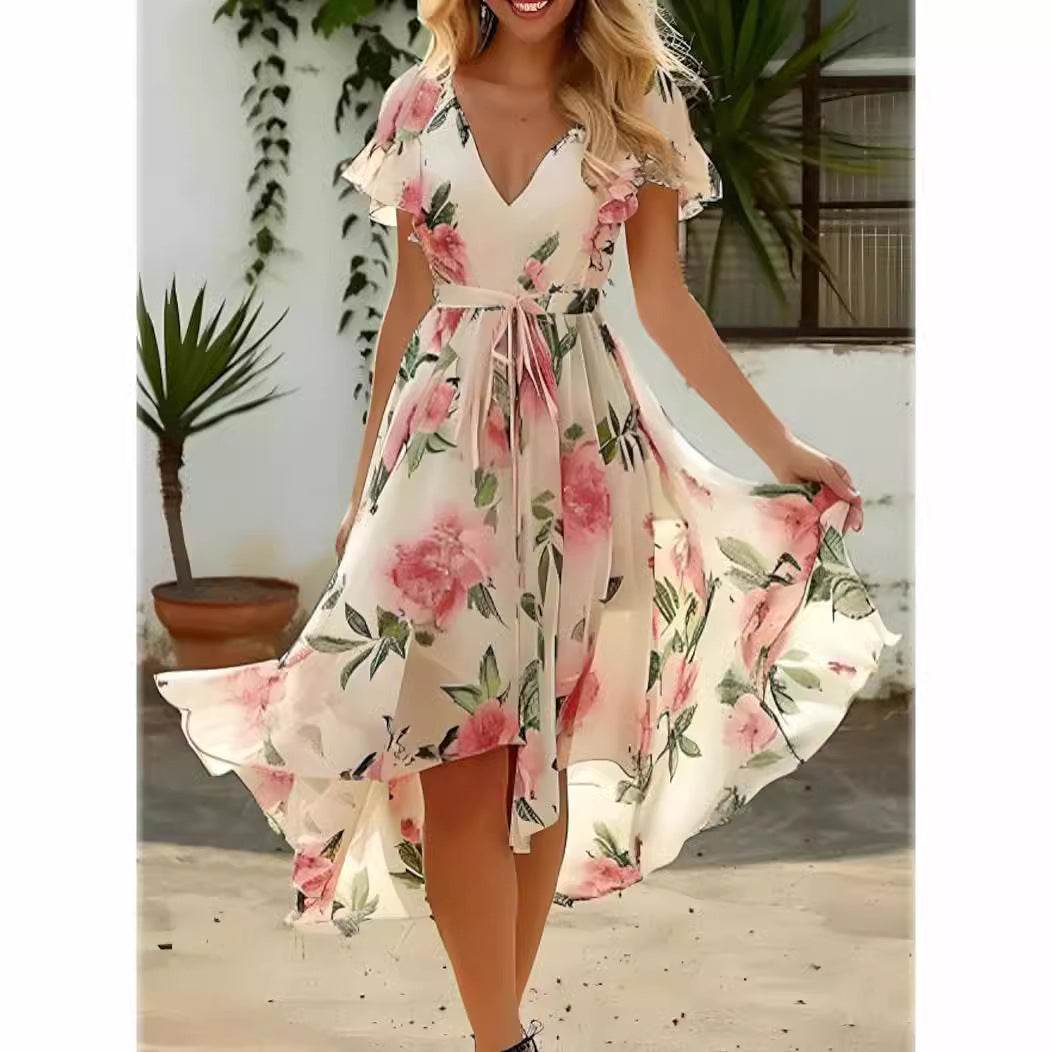 Women’s Midi Dress – Floral Print – Wrap V-Neck – Ruffle Sleeve – Tie Waist Hem