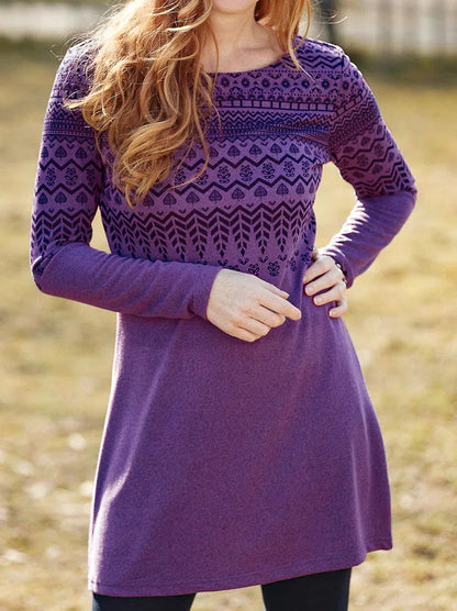 Women’s Long Sleeve Dress – Relaxed Fit – Brushed Fabric – Ethnic Print – Round Neck