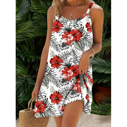 Women’s Mini Dress – Relaxed Fit – Cotton – Thin Straps – Tropical Print – Flowing Silhouette