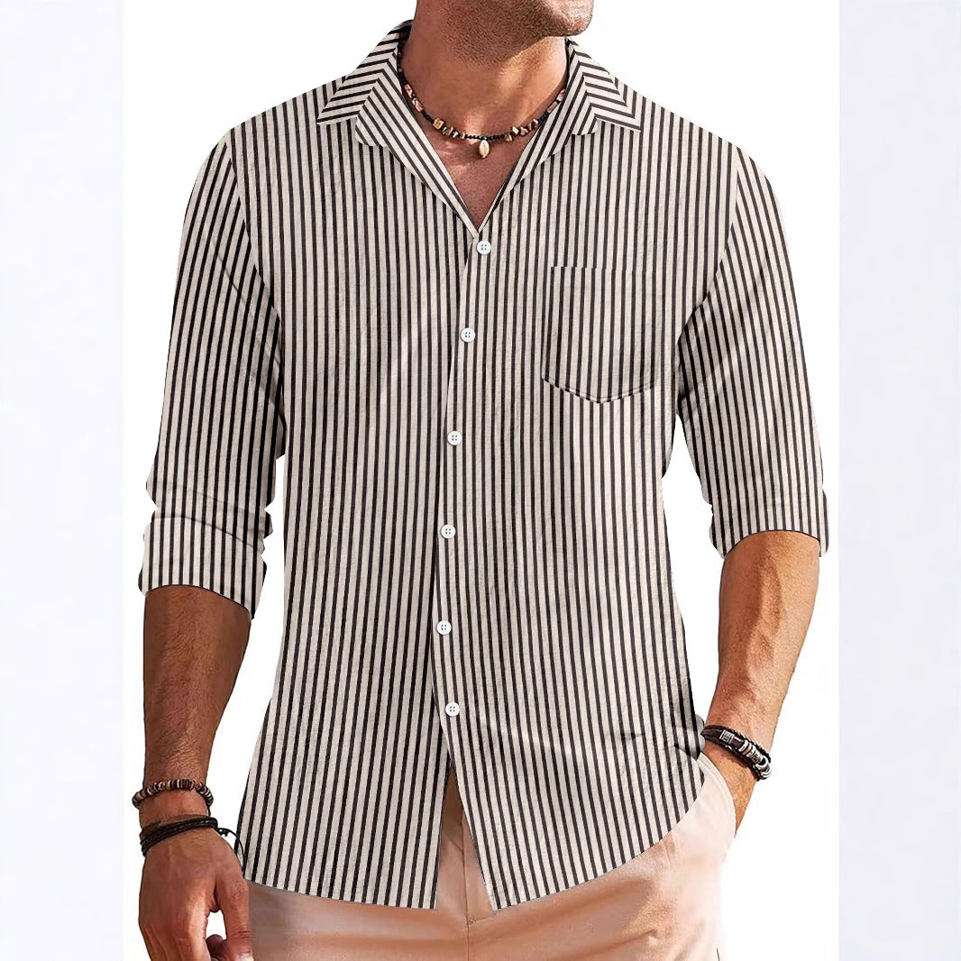 Men’s Long Sleeve Shirt – Regular Fit – Stripe Pattern – Chest Pocket