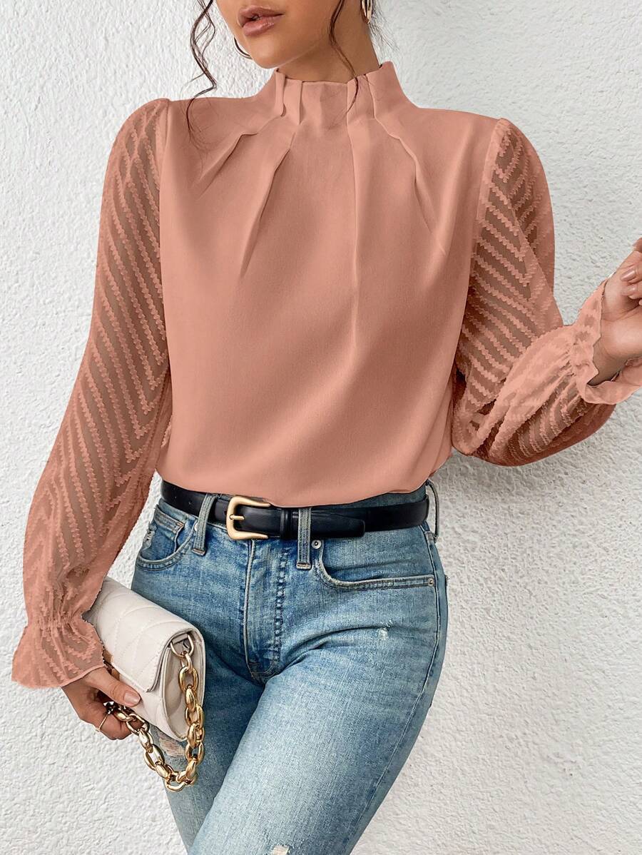 Women’s Blouse – Relaxed Fit – High Neck – Sheer Sleeves – Breathable Blend