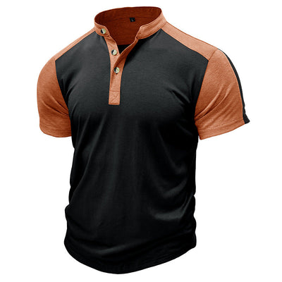 Men’s Short Sleeve Shirt – Slim Fit – Cotton – Collarless Button-Up – Contrast Sleeves
