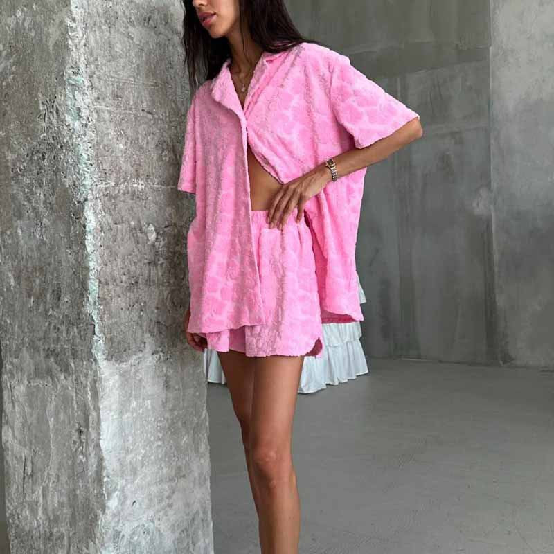 Women’s Pajama Set – Soft Knit Jacquard – Relaxed Fit – Button-Up Top & Elastic Shorts