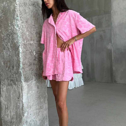 Women’s Pajama Set – Soft Knit Jacquard – Relaxed Fit – Button-Up Top & Elastic Shorts