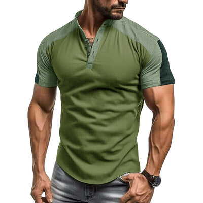 Men’s Short Sleeve Shirt – Slim Fit – Cotton – Collarless Button-Up – Contrast Sleeves