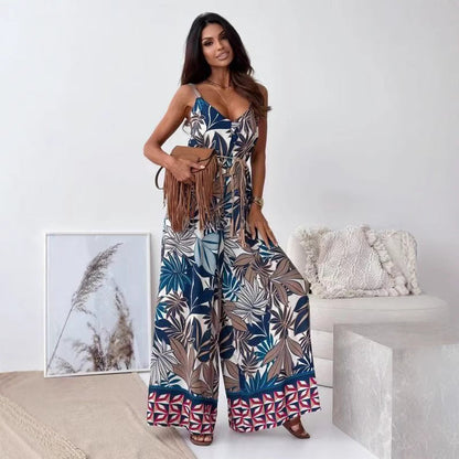 Women’s Jumpsuit – Wide Leg – V-Neck – Spaghetti Straps – Belted Waist – Bold Print