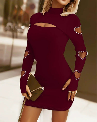 Women’s Sweater Dress – Slim Fit Ribbed Knit – High Neck – Lace Chest – Heart Cut-Out Sleeves