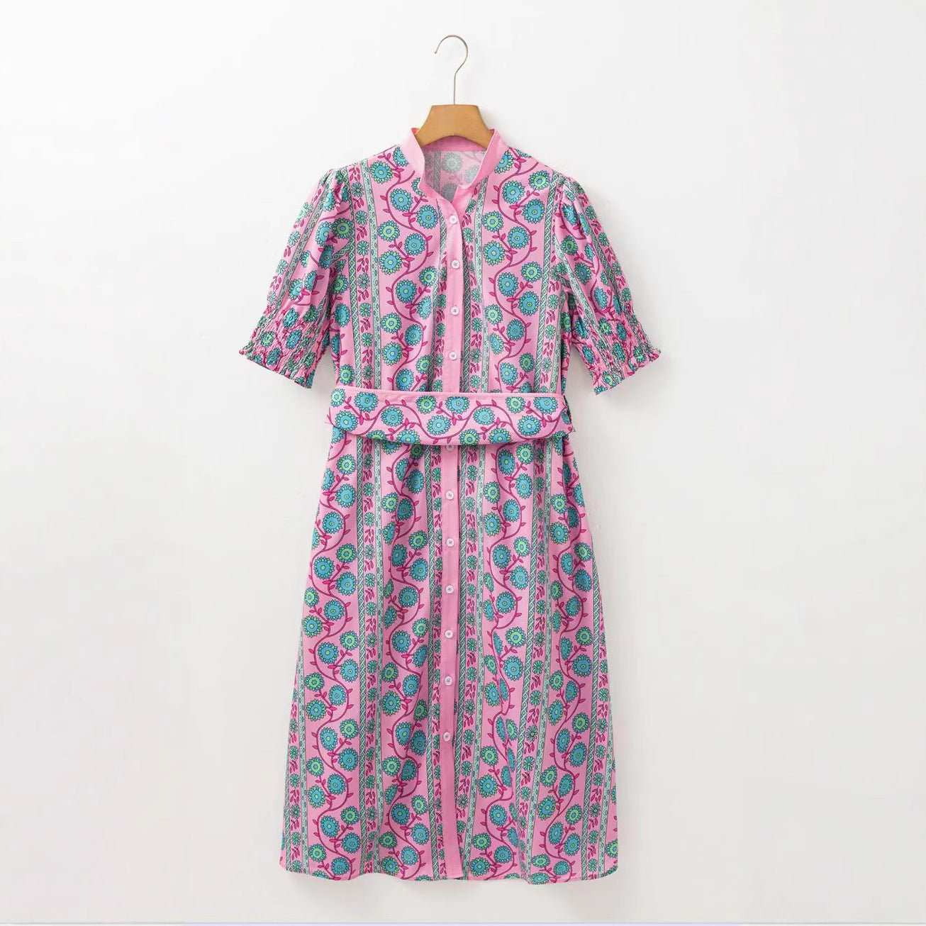 Women’s Midi Dress – Floral Print – Belted Waist – Puff Sleeve – Button Front