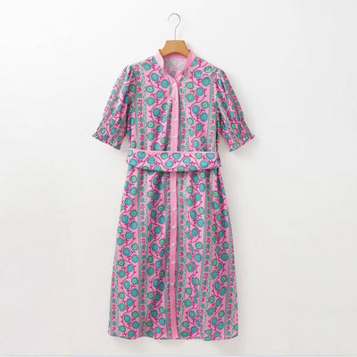 Women’s Midi Dress – Floral Print – Belted Waist – Puff Sleeve – Button Front