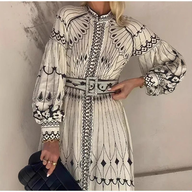 Women’s Midi Dress – Elegant Fit – Long Sleeve – Belted Waist – Button Front – Ornate Pattern