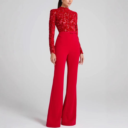 Women’s Jumpsuit – Embroidered Lace Top – Belted Waist – Flared Leg Elegant Fit