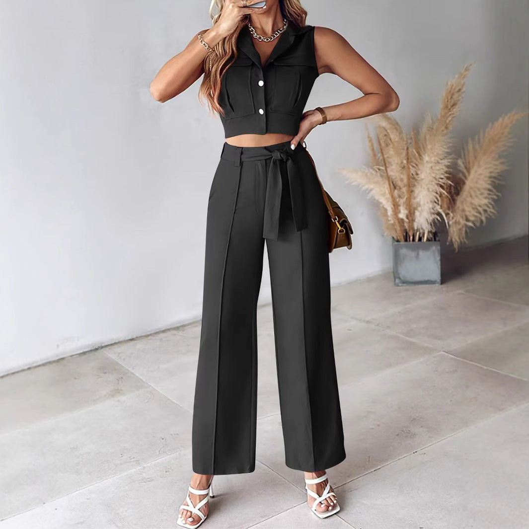 Women’s Pant Set – Sleeveless Crop Top – Wide Leg High Waist Trousers – Belted Waist