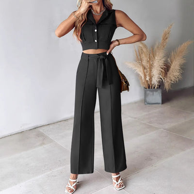 Women’s Pant Set – Sleeveless Crop Top – Wide Leg High Waist Trousers – Belted Waist
