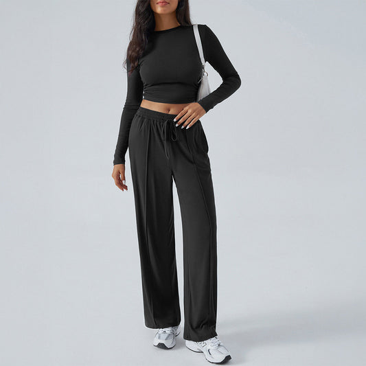 Women’s Two-Piece Set – Slim Fit Cropped Top & Wide-Leg High-Waist Trousers