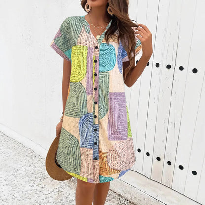 Women’s Dress – V-Neck Button Front – Flowy Cut – Short Sleeve – Geometric Print