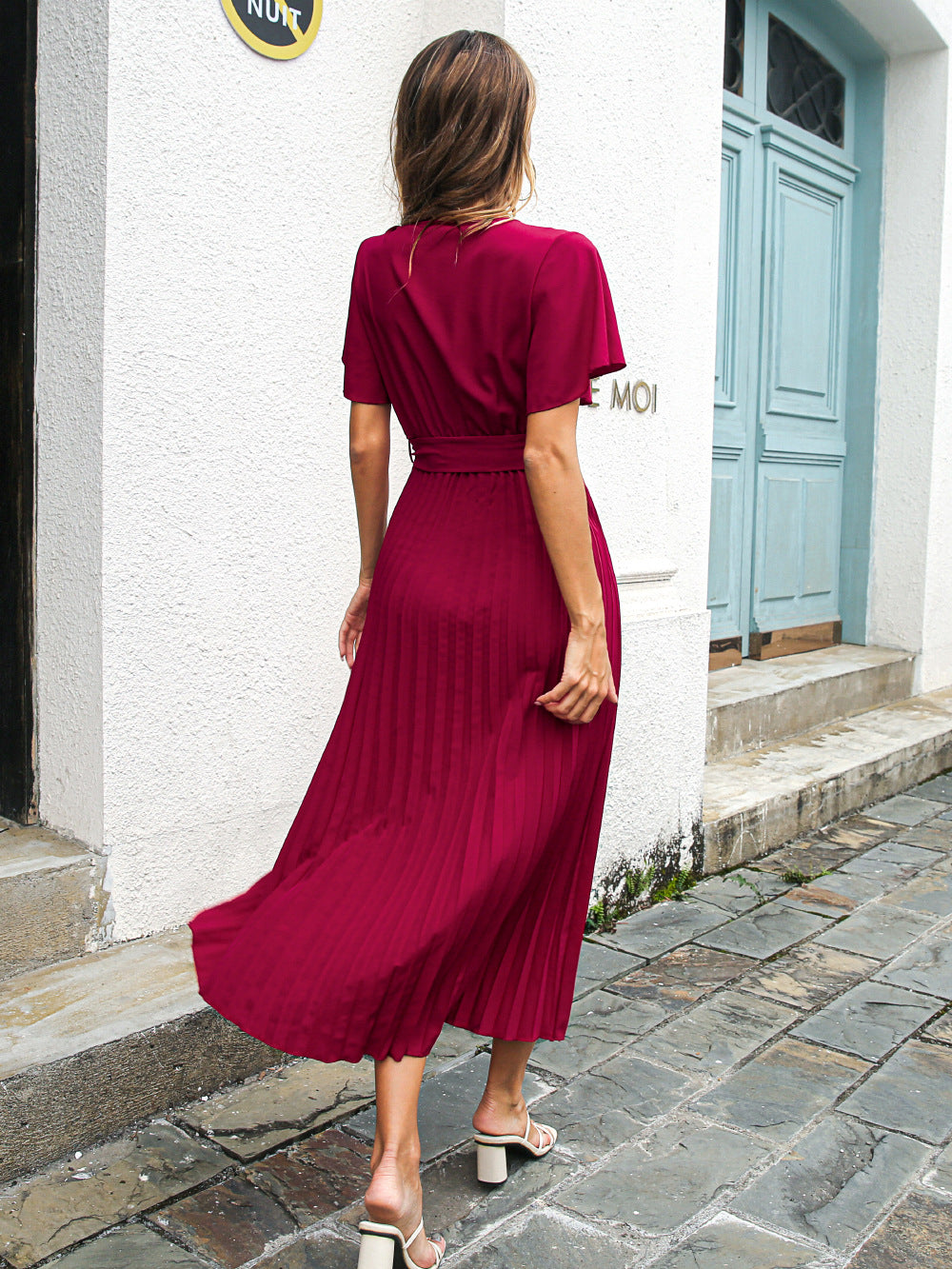 Pleated V-Neck Dress