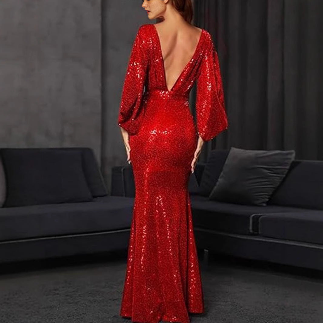 Women’s Evening Gown – Sequin Embellished – Mermaid Fit – Deep V-Neck – Flared Sleeves