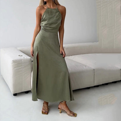 Women’s Maxi Dress – Halter Neck – Slim Fit – Silky Fabric – High Slit – Open Back