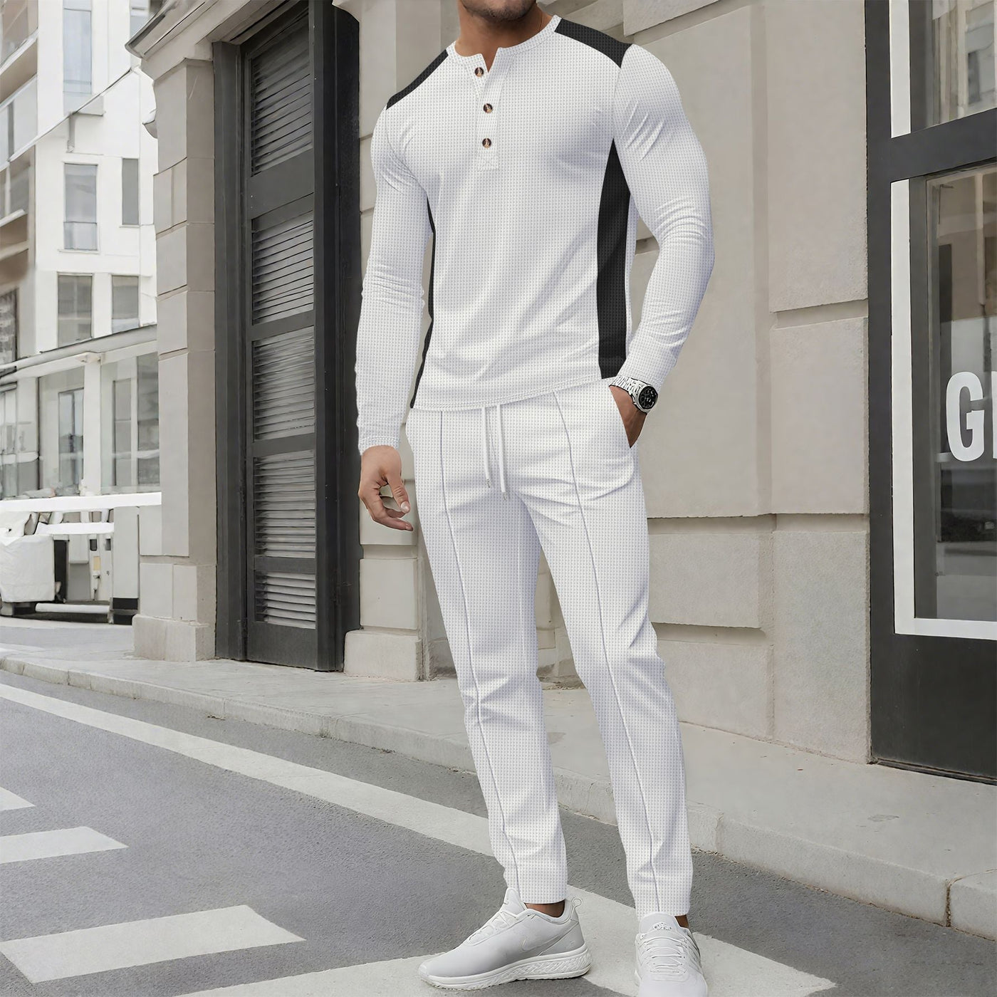 Men’s Tracksuit Set – Slim Fit – Long Sleeve Henley Top – Tapered Jogger Bottoms