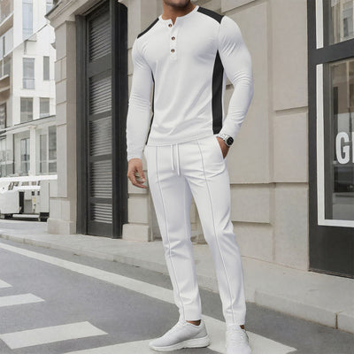 Men’s Tracksuit Set – Slim Fit – Long Sleeve Henley Top – Tapered Jogger Bottoms