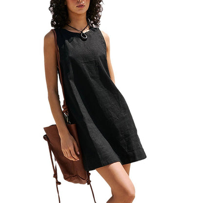 Women’s Mini Dress – Sleeveless High Neck – Loose Fit – Open Back – Natural Fibers