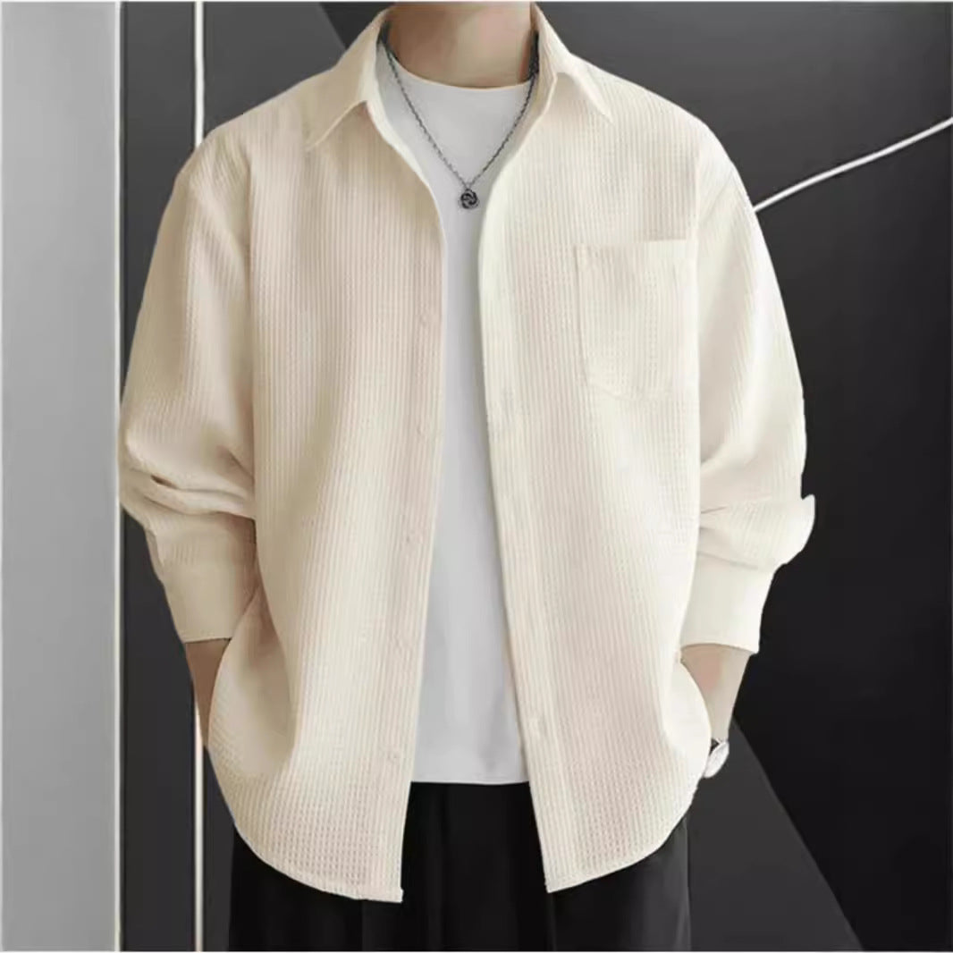 Men’s Shirt – Waffle Knit – Oversized Fit – Long Sleeve – Button-Up Casual Wear