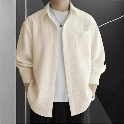 Men’s Shirt – Waffle Knit – Oversized Fit – Long Sleeve – Button-Up Casual Wear