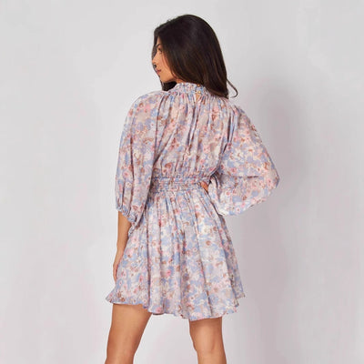 Women’s Short Dress – Chiffon – V-Neck – Ruched Waist – Bishop Sleeve – Floral Print