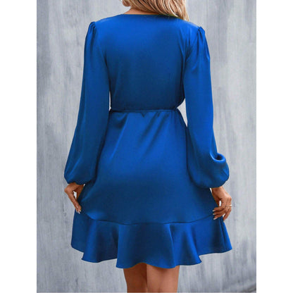 Women’s Wrap Dress – Satin Feel – Draped Fit – Long Sleeve – V-Neck – Mini Length