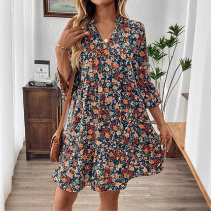 Women’s Midi Dress – Floral Print – A-Line Fit – V-Neck – 3/4 Flare Sleeve – Cotton