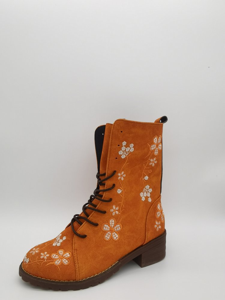 Women’s Mid-Calf Boots – Embroidered Floral – Block Heel – Lace-Up with Side Zip