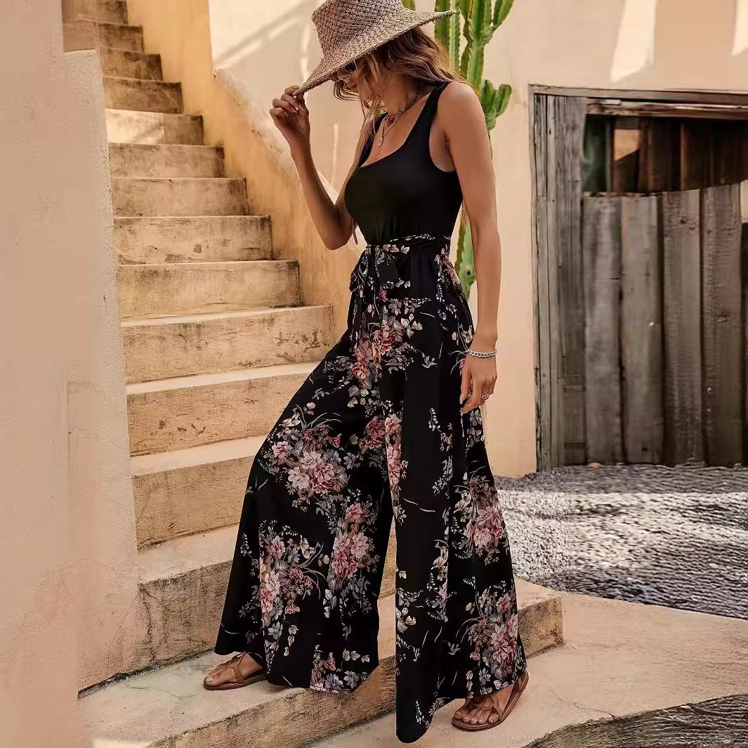 Women’s Jumpsuit – Floral Print – Sleeveless – Relaxed Fit – Full Length – Defined Waist