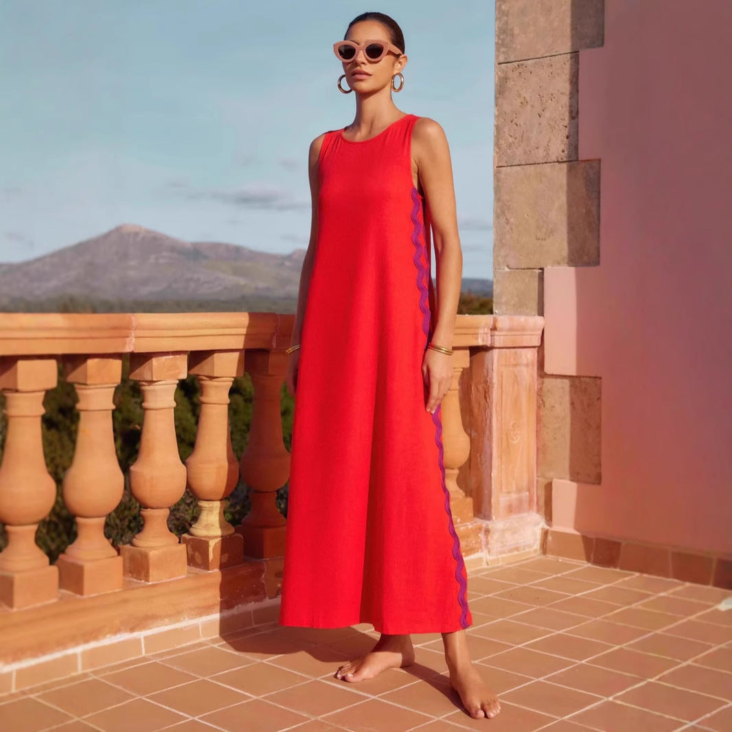 Women’s Sleeveless Dress – Relaxed Fit – Midi Length – Round Neck – Cotton Blend