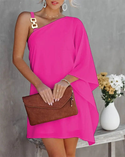Women’s Off-Shoulder Dress – Relaxed Fit – Batwing Sleeves – Metal Strap – Knee Length
